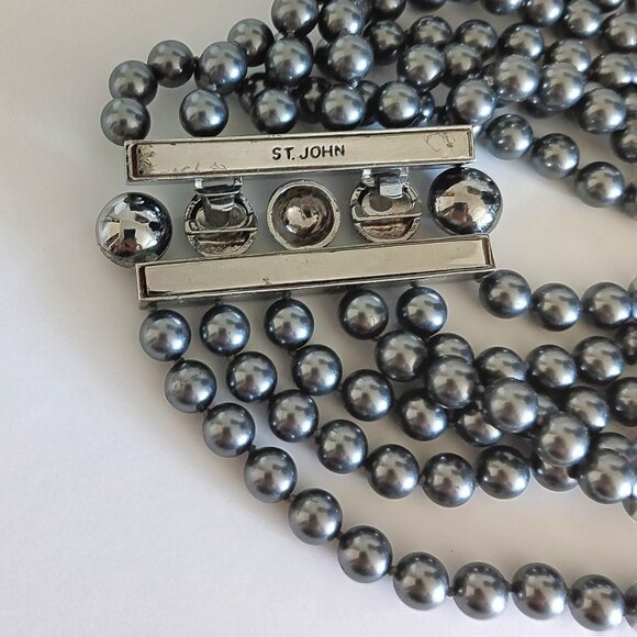 St. John Dark Gray 6 Strand Faux Pearl Rhinestone Silver Tone Necklace - Picture 3 of 3